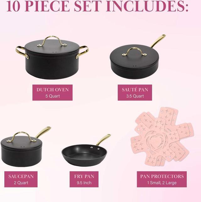 Alt view image 4 of 7 - Paris Hilton Iconic Nonstick Pots and Pans Set, Multi-layer Nonstick Coating, Matching Lids With Gold Handles, Made without PFOA, Dishwasher Safe Cookware Set, 10-Piece, Black