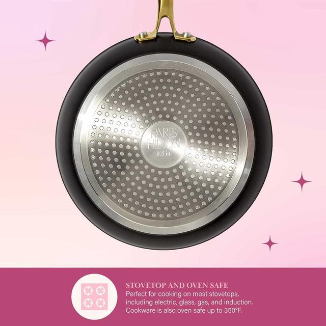 Alt view image 6 of 7 - Paris Hilton Iconic Nonstick Pots and Pans Set, Multi-layer Nonstick Coating, Matching Lids With Gold Handles, Made without PFOA, Dishwasher Safe Cookware Set, 10-Piece, Black