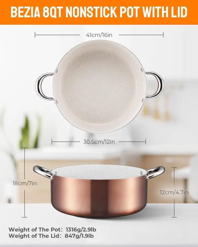 Alt view image 5 of 6 - BEZIA 8 Quart Cooking Pot with Lid, Nonstick Stock Pot/Stockpot with Lid, Induction Pot for Cooking, Kitchen Pots, Stew Pots, Soup Pots for All Stovetops, Oven Safe