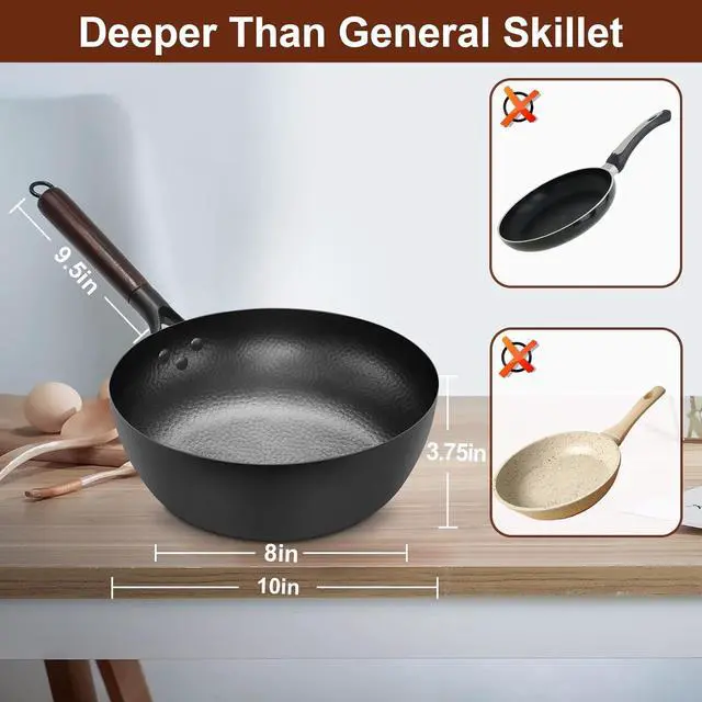 Alt view image 3 of 7 - Deep Frying Pan Nonstick Skillet 10 Inch Carbon Steel Wok Pan to Fry Eggs Steak Pancakes Pan for Induction Cooktop Gas & Electric Stove Stir-Fry Pan with Removable Handle Flat Bottom