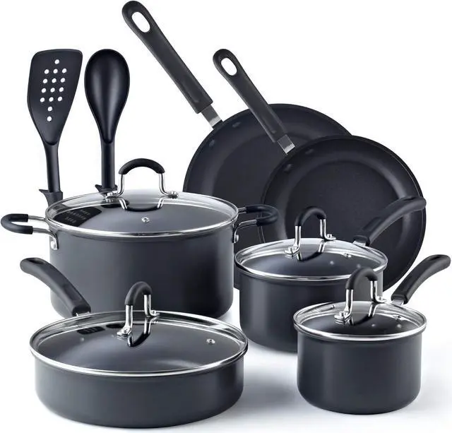 Main image of Cook N Home Pots and Pans Set Nonstick Professional Hard Anodized Cookware Sets 12-Piece, Dishwasher Safe with Stay-Cool Handles, Black