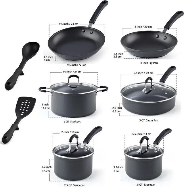 Alt view image 2 of 7 - Cook N Home Pots and Pans Set Nonstick Professional Hard Anodized Cookware Sets 12-Piece, Dishwasher Safe with Stay-Cool Handles, Black
