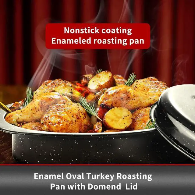 Alt view image 3 of 7 - JY COOKMENT Granite Roaster Pan, Small 13 Enameled Roasting Pan with Domed Lid. Oval Turkey Roaster Pot, Broiler Pan Great for Small Chicken, Lamb. Dishwasher Safe Cookware Fit for 7Lb Bird
