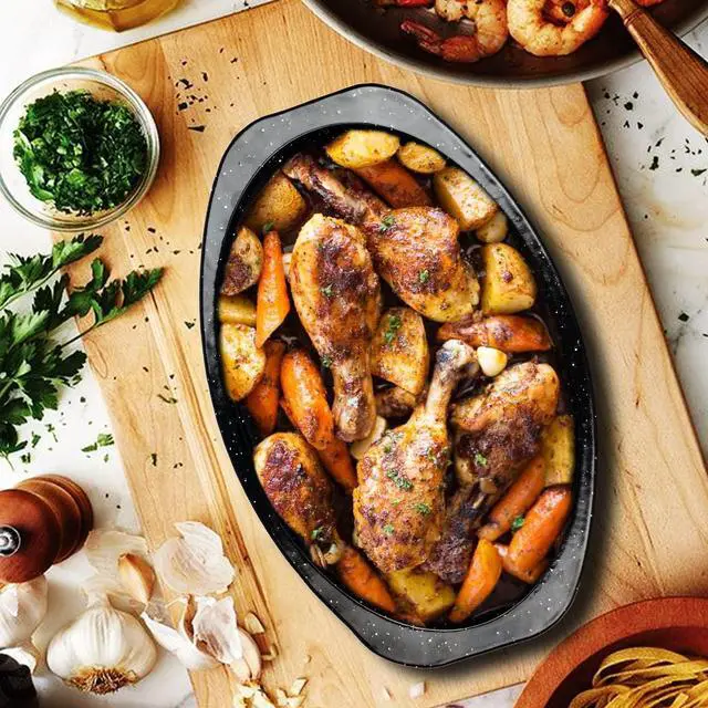 Alt view image 6 of 7 - JY COOKMENT Granite Roaster Pan, Small 13 Enameled Roasting Pan with Domed Lid. Oval Turkey Roaster Pot, Broiler Pan Great for Small Chicken, Lamb. Dishwasher Safe Cookware Fit for 7Lb Bird