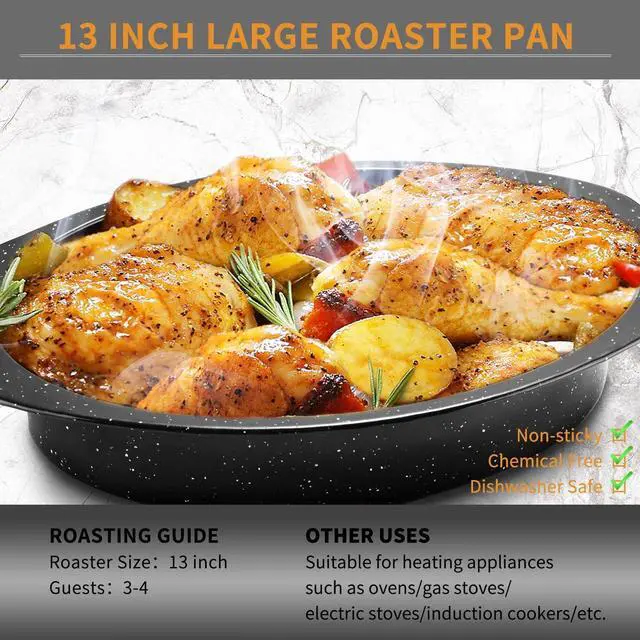 Alt view image 4 of 7 - JY COOKMENT Granite Roaster Pan, Small 13 Enameled Roasting Pan with Domed Lid. Oval Turkey Roaster Pot, Broiler Pan Great for Small Chicken, Lamb. Dishwasher Safe Cookware Fit for 7Lb Bird