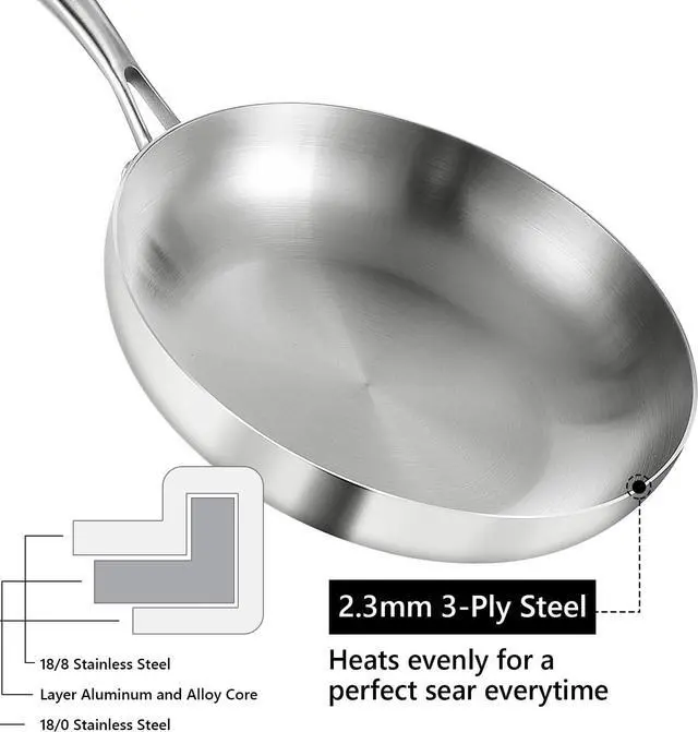 Alt view image 2 of 6 - LOLYKITCH 12 Inch Tri-ply 18/8 Stainless Steel Chef's Pan,Frying Pan with Lid,Skillet,Induction Cooking Pan,Pot and Pan Set,Dishwasher and Oven Safe,Detachable Handle.