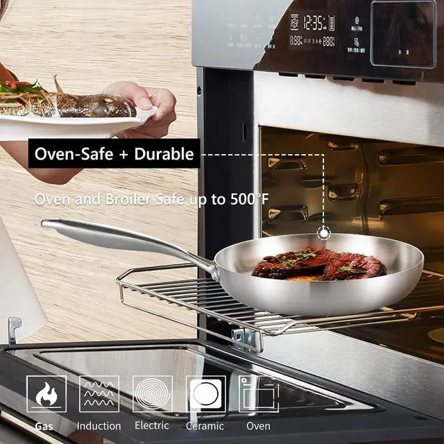 Alt view image 3 of 6 - LOLYKITCH 12 Inch Tri-ply 18/8 Stainless Steel Chef's Pan,Frying Pan with Lid,Skillet,Induction Cooking Pan,Pot and Pan Set,Dishwasher and Oven Safe,Detachable Handle.