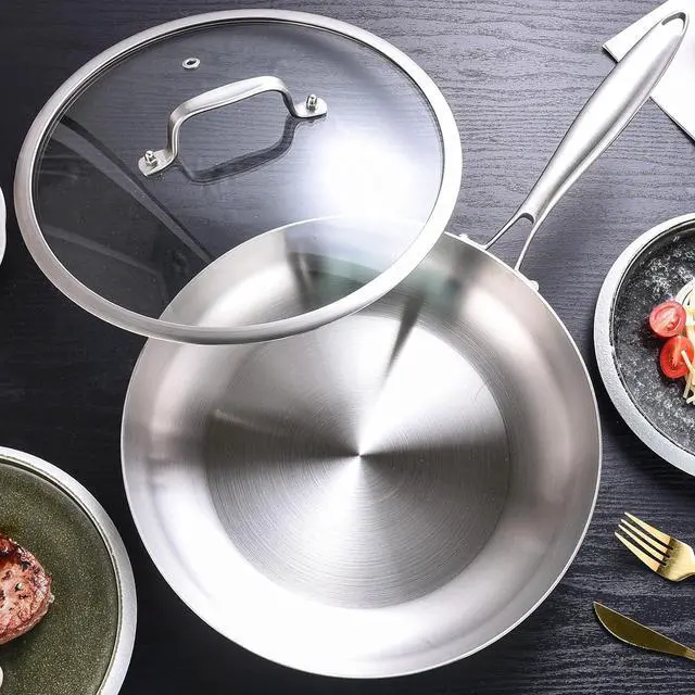 Alt view image 4 of 6 - LOLYKITCH 12 Inch Tri-ply 18/8 Stainless Steel Chef's Pan,Frying Pan with Lid,Skillet,Induction Cooking Pan,Pot and Pan Set,Dishwasher and Oven Safe,Detachable Handle.
