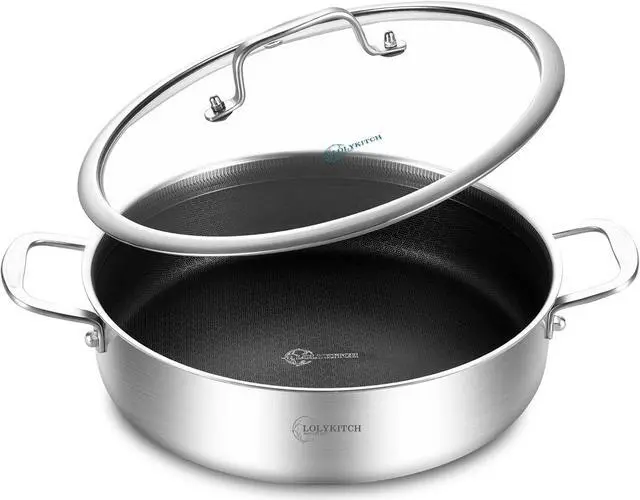 Main image of LOLYKITCH 6 QT Tri-Ply Stainless Steel Non-Stick Sauté Pan with Lid,12 Inch Deep Frying Pan,Large Skillet,Jumbo Cooker,Induction Cooking Pan,Heavy Duty and Oven Safe.
