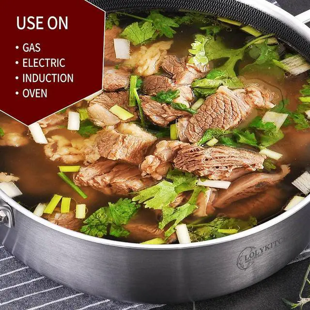 Alt view image 3 of 6 - LOLYKITCH 6 QT Tri-Ply Stainless Steel Non-Stick Sauté Pan with Lid,12 Inch Deep Frying Pan,Large Skillet,Jumbo Cooker,Induction Cooking Pan,Heavy Duty and Oven Safe.