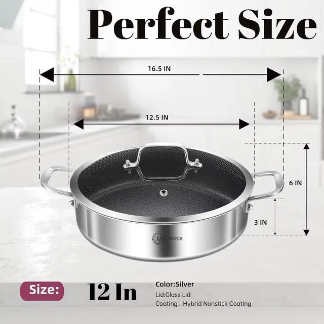 Alt view image 6 of 6 - LOLYKITCH 6 QT Tri-Ply Stainless Steel Non-Stick Sauté Pan with Lid,12 Inch Deep Frying Pan,Large Skillet,Jumbo Cooker,Induction Cooking Pan,Heavy Duty and Oven Safe.