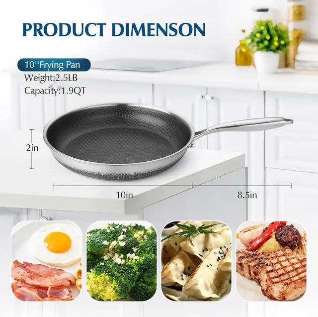 Alt view image 7 of 7 - Skillets and Frying Pans NonStick with Lid, 10 inch Stainless Steel Non Stick Frying Pan Honeycomb for Kitchen Cookware - Dishwasher and Oven Safe Pan for Induction Gas Ceramic.