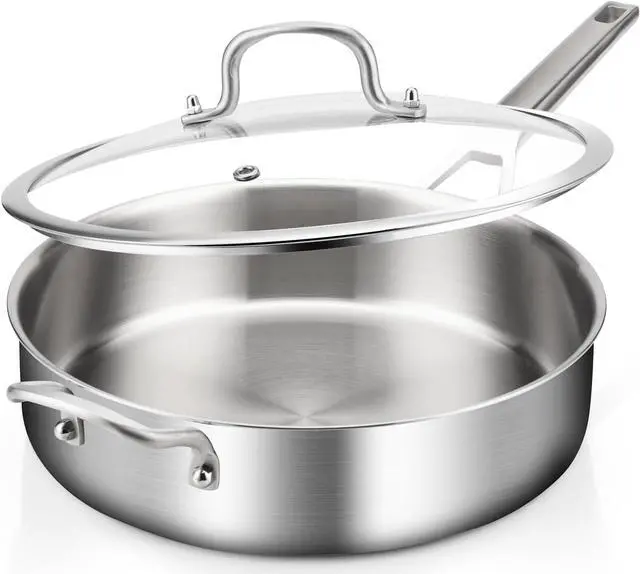 Main image of Tri-Ply Stainless Steel Saute Pan 5QT, 12 Inch Deep Frying Pan with lids, 3-layer Large Skillet with Stay Cool Handle, Induction Pan, Durable, Compatible with All Cooktops Up to 500