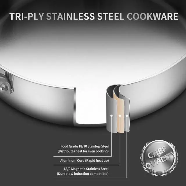 Alt view image 2 of 7 - Tri-Ply Stainless Steel Saute Pan 5QT, 12 Inch Deep Frying Pan with lids, 3-layer Large Skillet with Stay Cool Handle, Induction Pan, Durable, Compatible with All Cooktops Up to 500