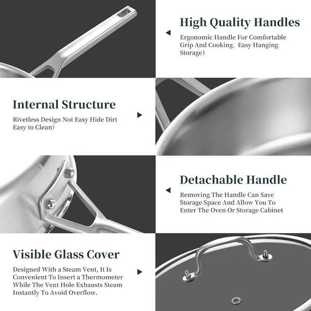 Alt view image 3 of 7 - Tri-Ply Stainless Steel Saute Pan 5QT, 12 Inch Deep Frying Pan with lids, 3-layer Large Skillet with Stay Cool Handle, Induction Pan, Durable, Compatible with All Cooktops Up to 500