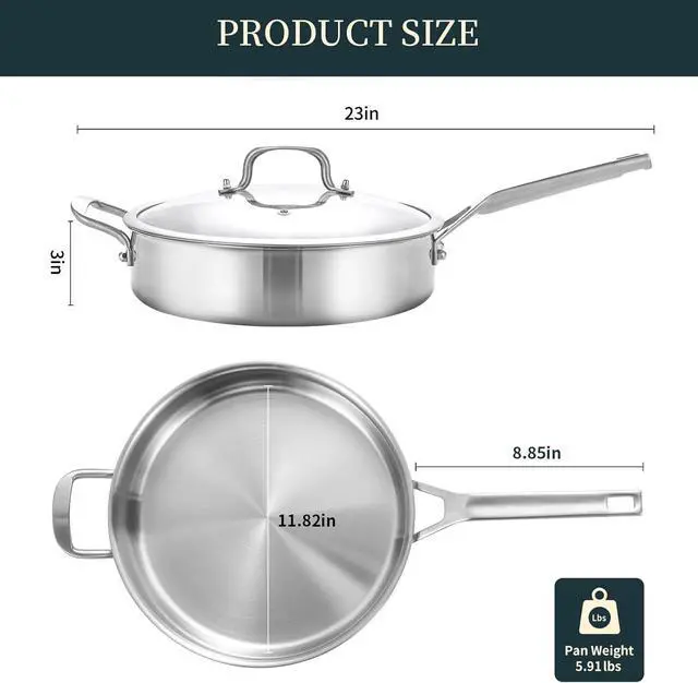 Alt view image 4 of 7 - Tri-Ply Stainless Steel Saute Pan 5QT, 12 Inch Deep Frying Pan with lids, 3-layer Large Skillet with Stay Cool Handle, Induction Pan, Durable, Compatible with All Cooktops Up to 500
