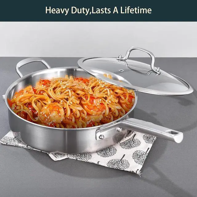 Alt view image 6 of 7 - Tri-Ply Stainless Steel Saute Pan 5QT, 12 Inch Deep Frying Pan with lids, 3-layer Large Skillet with Stay Cool Handle, Induction Pan, Durable, Compatible with All Cooktops Up to 500