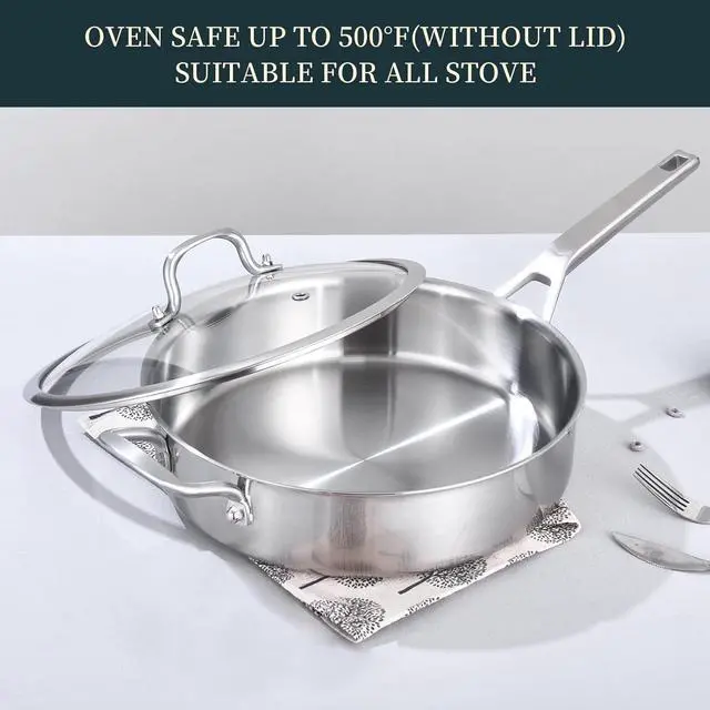 Alt view image 7 of 7 - Tri-Ply Stainless Steel Saute Pan 5QT, 12 Inch Deep Frying Pan with lids, 3-layer Large Skillet with Stay Cool Handle, Induction Pan, Durable, Compatible with All Cooktops Up to 500