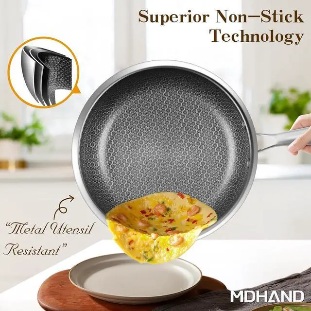 Alt view image 3 of 7 - MDHAND 10-Inch Nonstick Frying Pan  Premium Stainless Steel Skillet with Stay-Cool Handle, Dishwasher & Oven Safe, Induction-Ready, PFOA-Free  Compatible with All Cooktops