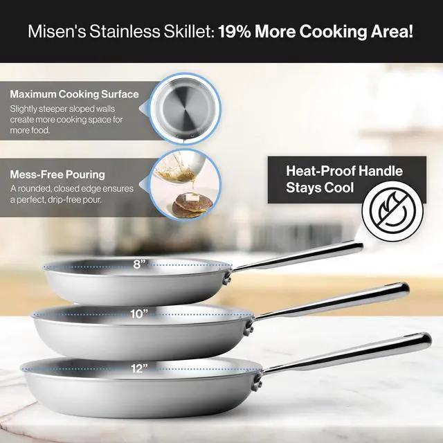 Alt view image 3 of 7 - Misen 5-Ply Stainless Steel Pan - Dishwasher Safe - Superior Heat Retention & Larger Cooking Surface for Searing & Sautéing - Stay-Cool Handle - 10 & 12 Inch Set
