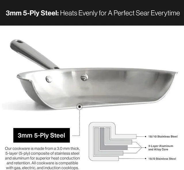 Alt view image 4 of 7 - Misen 5-Ply Stainless Steel Pan - Dishwasher Safe - Superior Heat Retention & Larger Cooking Surface for Searing & Sautéing - Stay-Cool Handle - 10 & 12 Inch Set