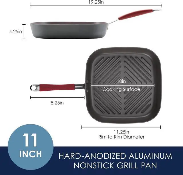 Alt view image 2 of 7 - Rachael Ray Cucina Hard Anodized Nonstick Grill/Deep Square Griddle Pan, 11 Inch, Gray with Red Handles