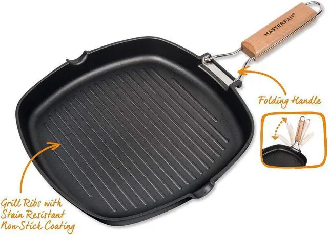 Alt view image 3 of 7 - Non-Stick Grill Pan Wooden, 11", Folding Handles