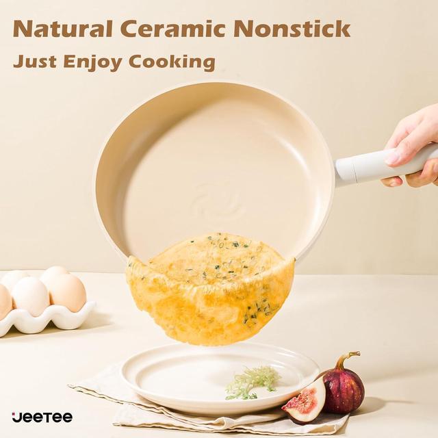 Alt view image 2 of 7 - JEETEE Pots and Pans Set Nonstick, 14 Pcs Beige Ceramic Cookware Sets, Healthy & Non-Toxic Cooking Set with Easily Rotate Remove Handle, Oven Safe, PFOA/PFOS Free, (Induction, Gas, Ceramic, Electric)