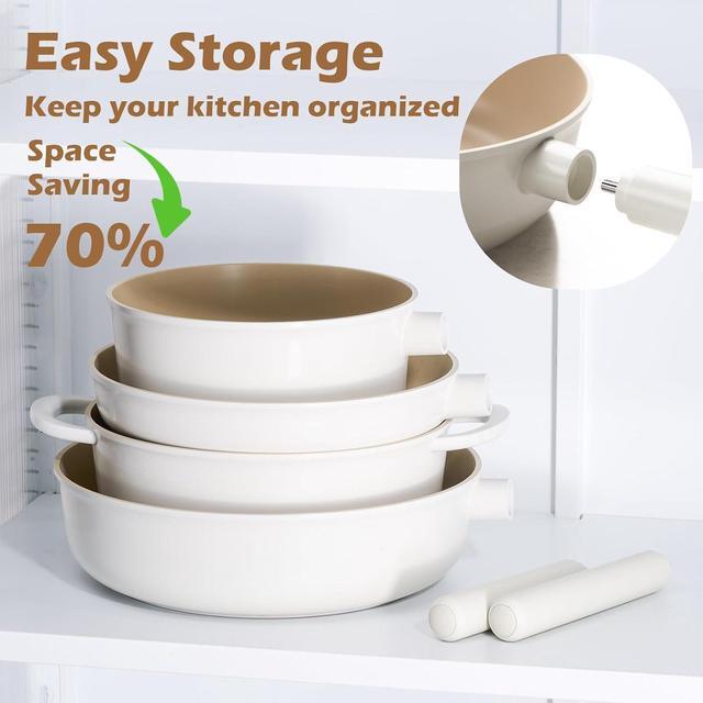 Alt view image 3 of 7 - JEETEE Pots and Pans Set Nonstick, 14 Pcs Beige Ceramic Cookware Sets, Healthy & Non-Toxic Cooking Set with Easily Rotate Remove Handle, Oven Safe, PFOA/PFOS Free, (Induction, Gas, Ceramic, Electric)
