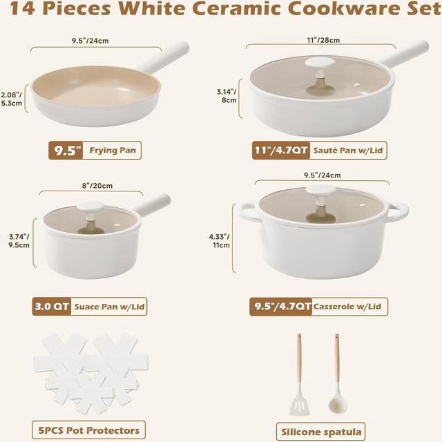 Alt view image 5 of 7 - JEETEE Pots and Pans Set Nonstick, 14 Pcs Beige Ceramic Cookware Sets, Healthy & Non-Toxic Cooking Set with Easily Rotate Remove Handle, Oven Safe, PFOA/PFOS Free, (Induction, Gas, Ceramic, Electric)