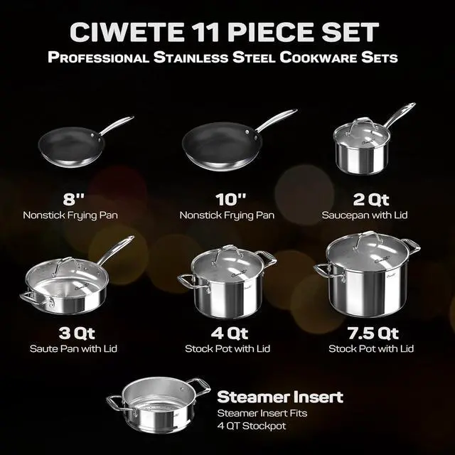 Alt view image 4 of 6 - Stainless Steel Nonstick Pots and Pans Set - 11PC, 18/10 Triple Ply Stainless Steel Induction Cookware Set, Kitchen Cookware Sets with Steamer Insert/Stay-Cool Handles, Dishwasher Safe