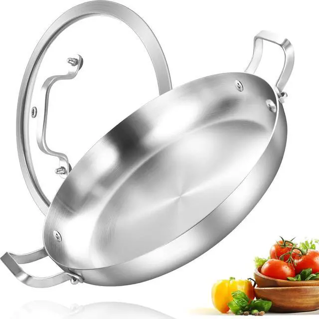 Main image of Inqibee Tri-Ply Stainless Steel Paella Pan with Lid,Large Skillet,Omelet Pan,Griddle,Jumbo Cooker,Induction Pan,Dishwasher and Oven Safe. (14 Inch)