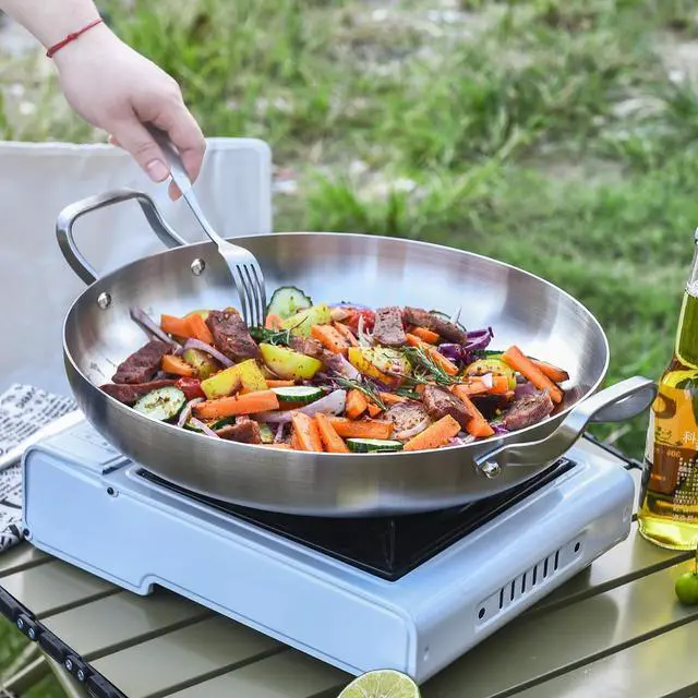 Alt view image 5 of 6 - Inqibee 14-Inch Tri-Ply Stainless Steel Paella Pan, Large Skillet,Griddle Pan,Large Frying Pan,Jumbo Cooker,Induction Cookware,Dishwasher and Oven Safe.