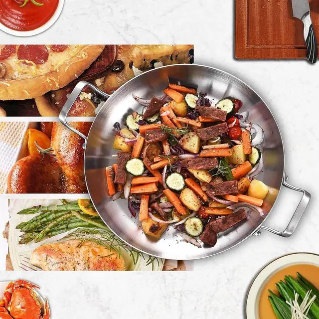 Alt view image 5 of 7 - Inqibee Tri-Ply Stainless Steel Paella Pan with Lid,Large Skillet,Omelet Pan,Griddle,Jumbo Cooker,Induction Pan,Dishwasher and Oven Safe. (14 Inch)