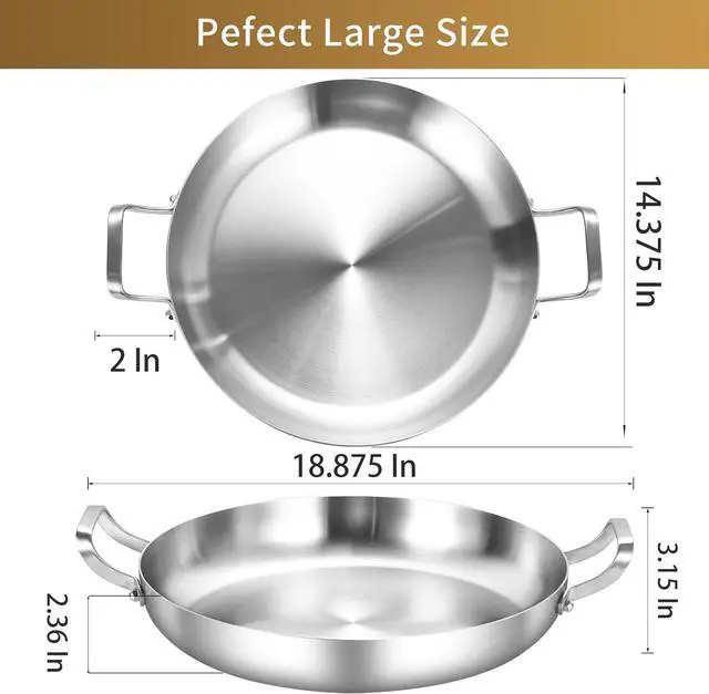 Alt view image 6 of 6 - Inqibee 14-Inch Tri-Ply Stainless Steel Paella Pan, Large Skillet,Griddle Pan,Large Frying Pan,Jumbo Cooker,Induction Cookware,Dishwasher and Oven Safe.