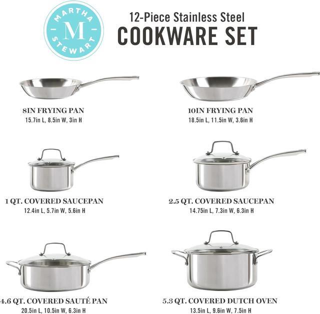 Alt view image 2 of 6 - Martha Stewart Castelle 10 Piece 18/8 Stainless Steel Induction Safe Pots and Pans Non-Toxic Triply Bottom Kitchen Cookware Set