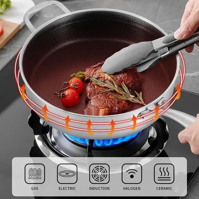 Alt view image 3 of 6 - DELARLO Tri-Ply Stainless Steel 5.5QT Saute Pan With Lid, Nonstick 12.3 Inch Deep Frying Pan, Induction Large Skillet, Cooker Pan for Chefs, 12inch Chef's Pan Dishwasher & Oven Safe 650