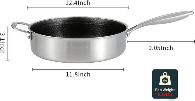 Alt view image 4 of 6 - DELARLO Tri-Ply Stainless Steel 5.5QT Saute Pan With Lid, Nonstick 12.3 Inch Deep Frying Pan, Induction Large Skillet, Cooker Pan for Chefs, 12inch Chef's Pan Dishwasher & Oven Safe 650