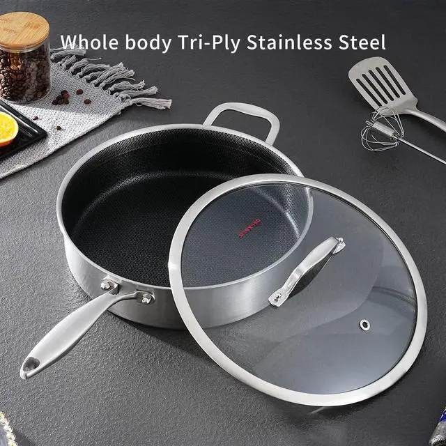 Alt view image 5 of 6 - DELARLO Tri-Ply Stainless Steel 5.5QT Saute Pan With Lid, Nonstick 12.3 Inch Deep Frying Pan, Induction Large Skillet, Cooker Pan for Chefs, 12inch Chef's Pan Dishwasher & Oven Safe 650