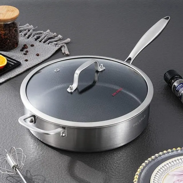 Alt view image 6 of 6 - DELARLO Tri-Ply Stainless Steel 5.5QT Saute Pan With Lid, Nonstick 12.3 Inch Deep Frying Pan, Induction Large Skillet, Cooker Pan for Chefs, 12inch Chef's Pan Dishwasher & Oven Safe 650