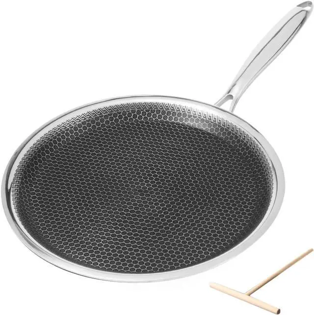 Main image of Non stick Crepe Pan 11 inch whit spreader, Coating Flat Skillet Pancake Pan, Stainless Steel Hybrid Honeycom Crepe Pan for Pizza Tawa Dosa Tortilla Griddle Pan, PFOA Free, Stay-cool Handle All Stov