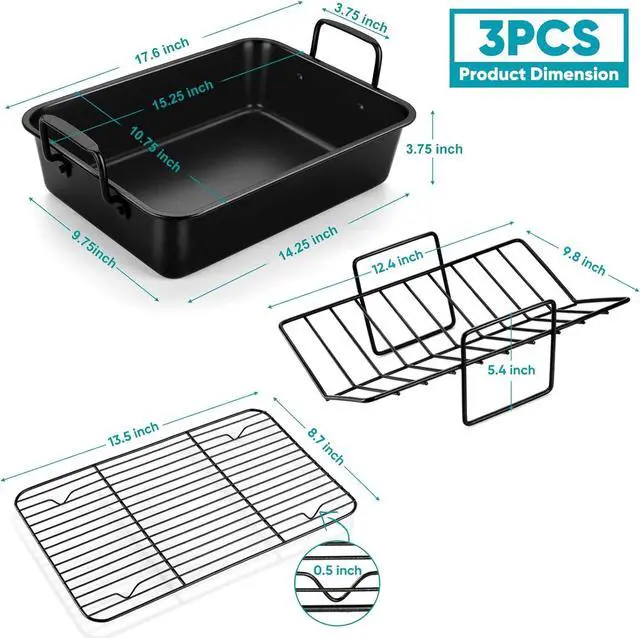 Alt view image 2 of 7 - TeamFar Roasting Pan, 16 Nonstick Deep Lasagna Brownie Turkey Pan with V-Shaped Rack & Cooling Rack, with Stainless Steel Core & Nonstick Coating, Healthy & Sturdy Handles, Easy to Clean, Set of 3