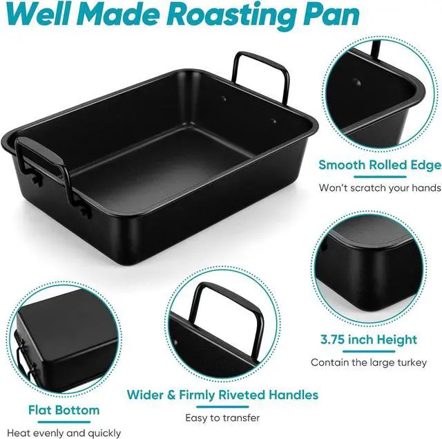 Alt view image 3 of 7 - TeamFar Roasting Pan, 16 Nonstick Deep Lasagna Brownie Turkey Pan with V-Shaped Rack & Cooling Rack, with Stainless Steel Core & Nonstick Coating, Healthy & Sturdy Handles, Easy to Clean, Set of 3