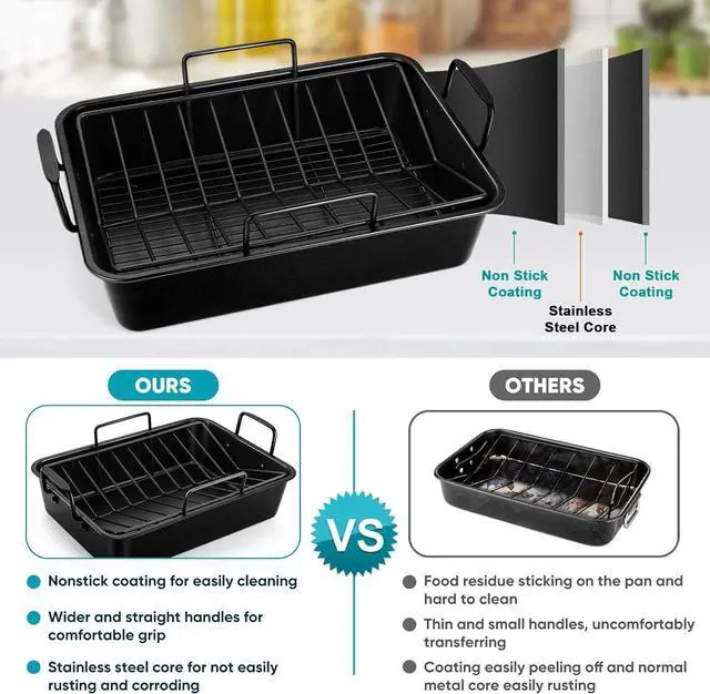 Alt view image 5 of 7 - TeamFar Roasting Pan, 16 Nonstick Deep Lasagna Brownie Turkey Pan with V-Shaped Rack & Cooling Rack, with Stainless Steel Core & Nonstick Coating, Healthy & Sturdy Handles, Easy to Clean, Set of 3