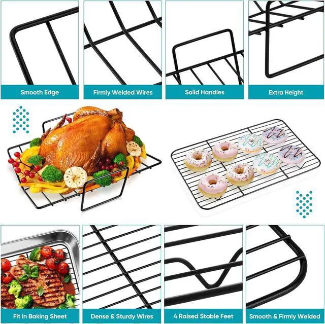 Alt view image 4 of 7 - TeamFar Roasting Pan, 16 Nonstick Deep Lasagna Brownie Turkey Pan with V-Shaped Rack & Cooling Rack, with Stainless Steel Core & Nonstick Coating, Healthy & Sturdy Handles, Easy to Clean, Set of 3