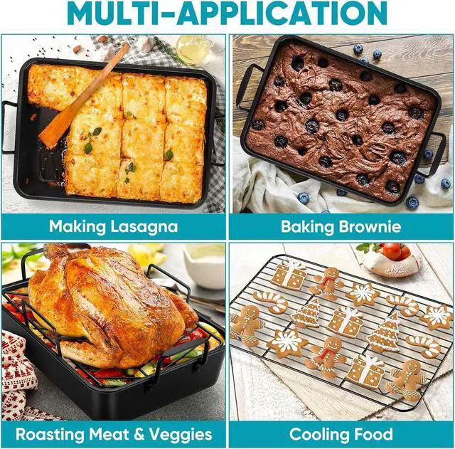 Alt view image 7 of 7 - TeamFar Roasting Pan, 16 Nonstick Deep Lasagna Brownie Turkey Pan with V-Shaped Rack & Cooling Rack, with Stainless Steel Core & Nonstick Coating, Healthy & Sturdy Handles, Easy to Clean, Set of 3