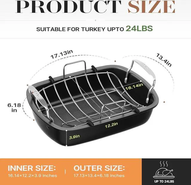 Alt view image 3 of 7 - Roasting Pan, 17 Inch x 13 Inch Roaster with Removable Rack, Nonstick Roaster Pan for Roasting Turkey, Meat & Vegetables (Silver)