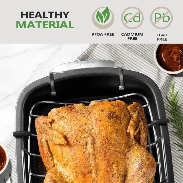 Alt view image 4 of 7 - Roasting Pan, 17 Inch x 13 Inch Roaster with Removable Rack, Nonstick Roaster Pan for Roasting Turkey, Meat & Vegetables (Silver)