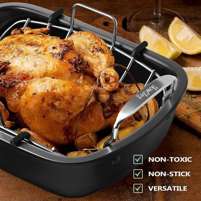 Alt view image 5 of 7 - Roasting Pan, 17 Inch x 13 Inch Roaster with Removable Rack, Nonstick Roaster Pan for Roasting Turkey, Meat & Vegetables (Silver)
