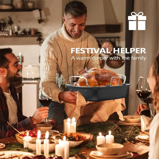 Alt view image 6 of 7 - Roasting Pan, 17 Inch x 13 Inch Roaster with Removable Rack, Nonstick Roaster Pan for Roasting Turkey, Meat & Vegetables (Silver)